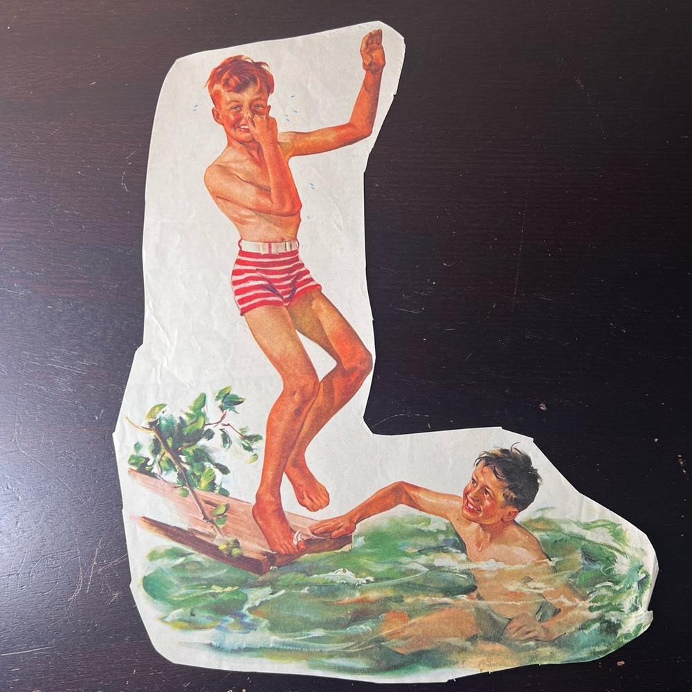 1930's Vintage Boys Jumping Dock Illustration | Lake Swim Cutout Americana Art